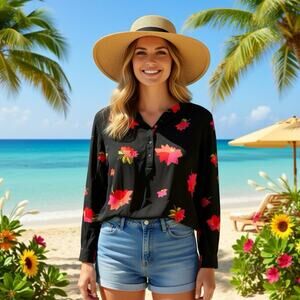 Amazon Essentials Women's Long-Sleeve Woven Blouse Black Floral Size L Summer